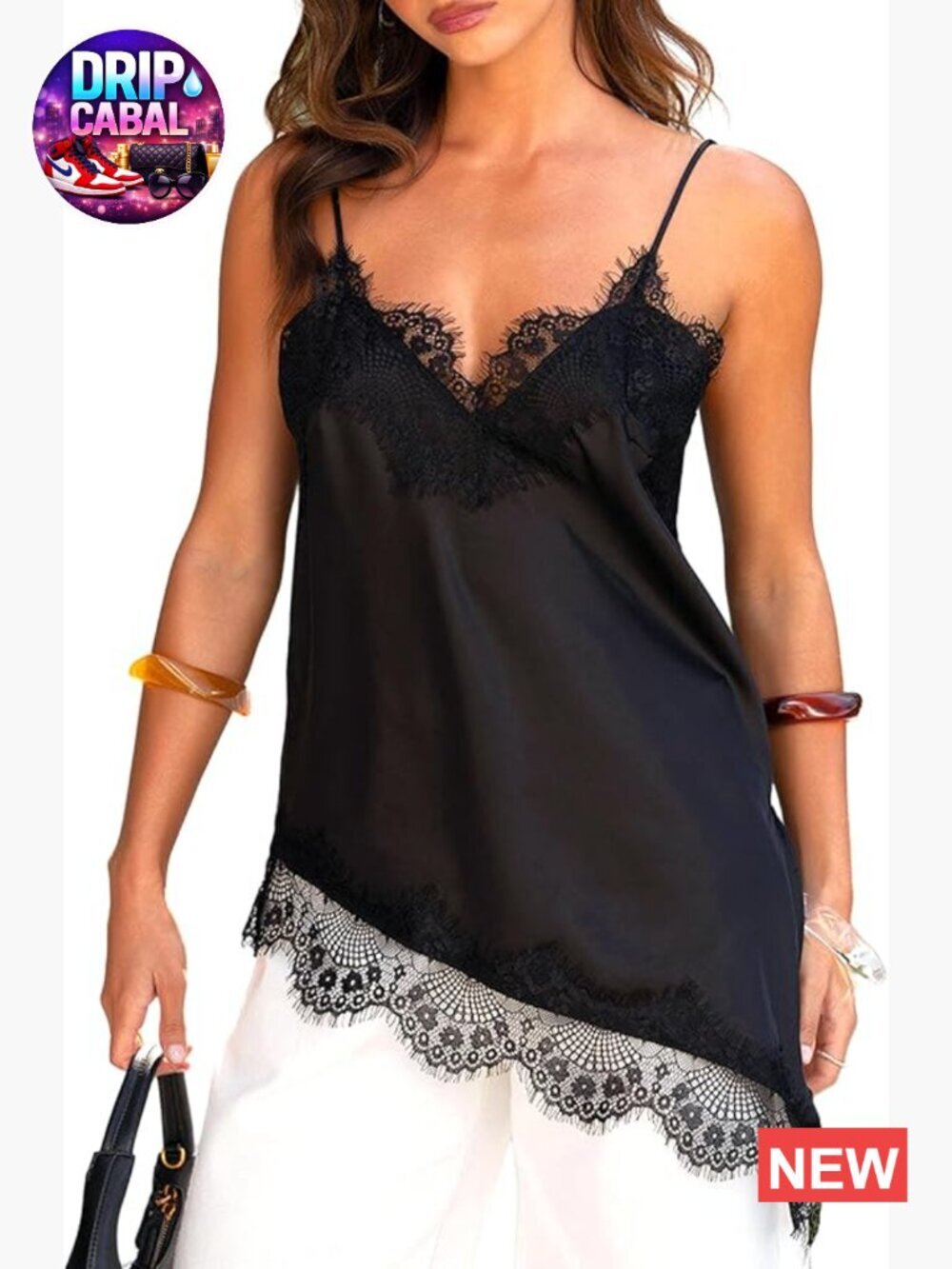 Lace Trim Satin Spaghetti Strap Tank Top Plunge V Neck Backless Asymmetric Slit